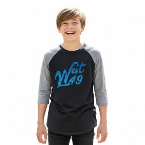 West 49 Youth Boy XL 3/4 Length Sleeve Grey White Blue Shirt Top